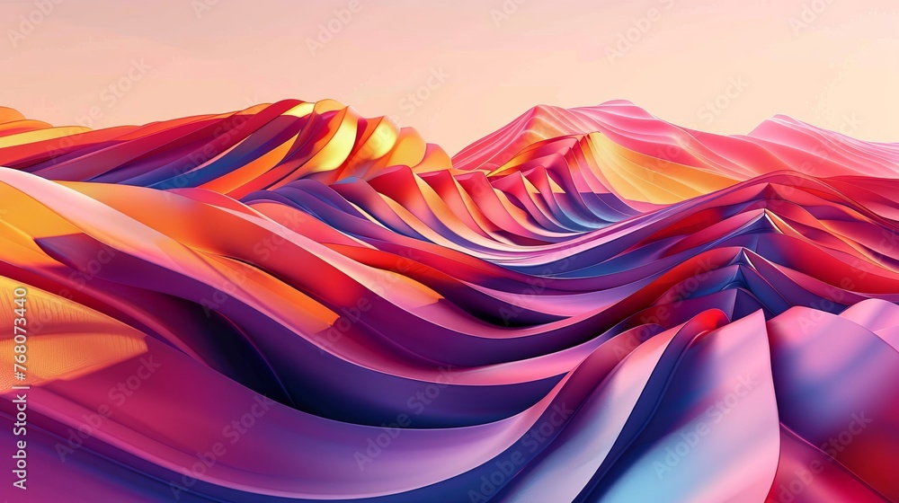 Poster vibrant and fluid abstract landscape with a wave-like pattern, rendered in digital art style with a 