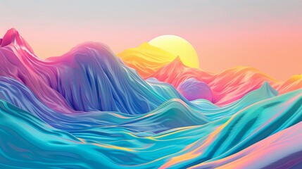 A colorful digital landscape illustration featuring surreal, wavy mountains under a warm sunset sky. Vibrant Digital Art of Surreal Mountainscape

 - obrazy, fototapety, plakaty