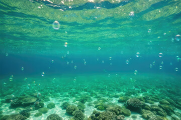Fototapeta na wymiar Bubbles and bokeh underwater in clear green ocean