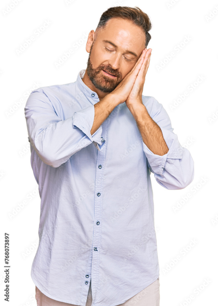 Poster handsome middle age man wearing business shirt sleeping tired dreaming and posing with hands togethe