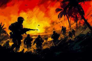 A man in a military uniform is leading a group of soldiers through a jungle