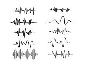 Sound waves. Doodle audio frequency, radio signal, voice line waveform, volume music level symbol