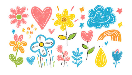 かわいい子供の落書き線の花、ハート。虹の背景。手描き落書きスケッチ幼稚な要素セット。花、ハート、雲の子供たちは、スタイルのデザイン要素の背景を描きます。ベクトル図
