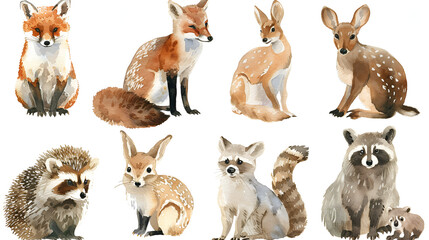 Safari Animal set hedgehog fox squirrel deer hare, generative ai