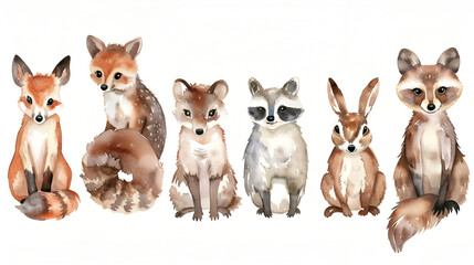 Safari Animal set hedgehog fox squirrel deer hare, generative ai