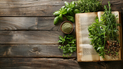 Open recipe book with fresh herbs and spices on wooden background . - obrazy, fototapety, plakaty