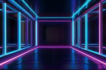 3d render, blue neon abstract background, ultraviolet light, night club empty room interior, tunnel or corridor, glowing panels, fashion podium, Generative AI