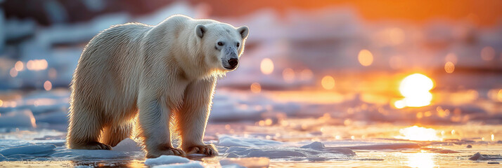 panoramic landscape with wild polar white bear in Arctic ice in winter at sunset