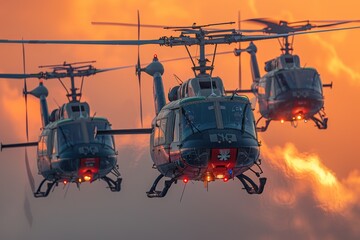 Remembering those who served: Helicopters in formation, a symbol of hope and resilience in the face of adversity. - obrazy, fototapety, plakaty