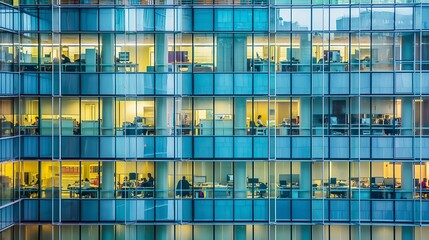 Corporate building with employees, high rise building facade with lighting and workers, city landscape architecture backgrounds.