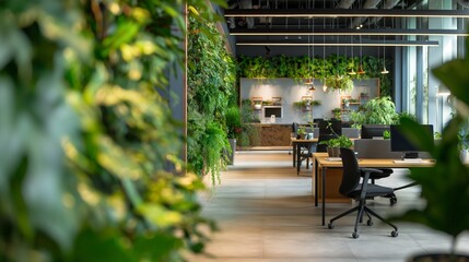 Fototapeta premium Modern office space with lush green plants in pots. Innovative startup company with green, ecofriendly environment with lush vegetation in workplace. Productive and healthy work place. 