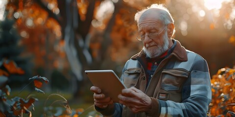 Elderly man embracing modern technology by learning to use a tablet computer for lifelong learning. Concept Elderly Technology Adoption, Lifelong Learning, Tablet Computer Tutorial - obrazy, fototapety, plakaty