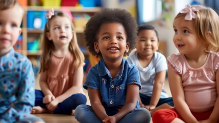 Group Of Pre School Children Taking Part at Story Time, Mixed race group of toddlers, sitting in classroom and looking in awe at their teacher.