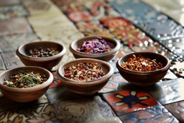 A collection of small bowls filled with various spices and herbs. The bowls are arranged in a row on a table, with some of them placed closer together and others further apart