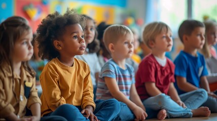 Group Of Pre School Children Taking Part at Story Time, Mixed race group of toddlers, sitting in classroom and looking in awe at their teacher. - obrazy, fototapety, plakaty