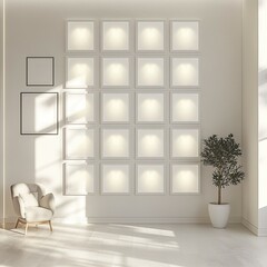 Mockup frame. Lighting interior. High quality white wall. 3d rendering