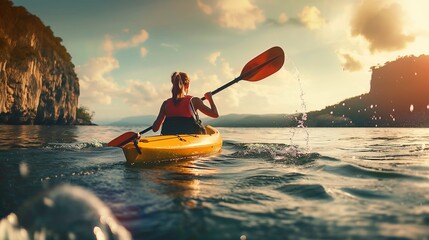 Back view shot of young woman tourist paddling on kayaking on beautiful lake in sunny day on natural mountains backgrounds, Active lifestyle, active water sports, spring summer outdoor activities.