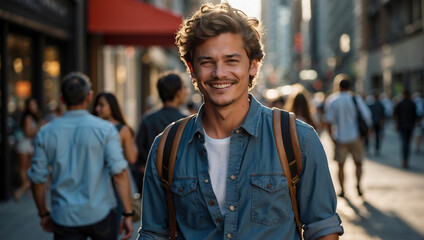 Stilvoller junger Mann mit Jeanshemd und Rucksack spaziert durch die Stadt - obrazy, fototapety, plakaty