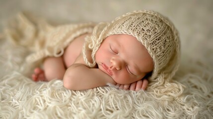 Fototapeta na wymiar Serene caucasian newborn sleeping in white bed, a picture of beautiful innocence