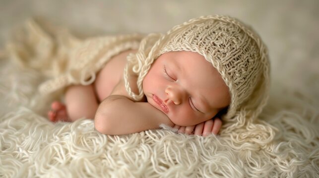 Serene caucasian newborn sleeping in white bed, a picture of beautiful innocence