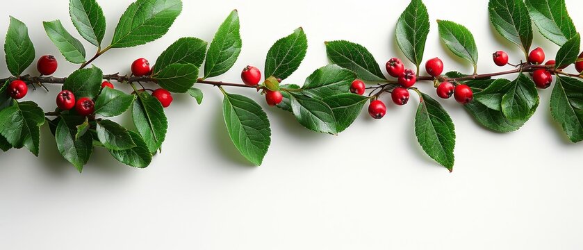   A red-berried tree on a white background with leafy foliage, providing ample space for text or images