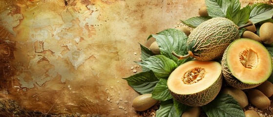 Fototapeta na wymiar Cantaloupe sits atop leaf-strewn pile beside fruit image on paper