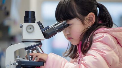 Young girl in pink jacket exploring science, using microscope in a lab. Curiosity in education. Candid childhood moment. AI