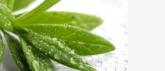   Close-up of green beans with water droplets on white surface and green plant in the background