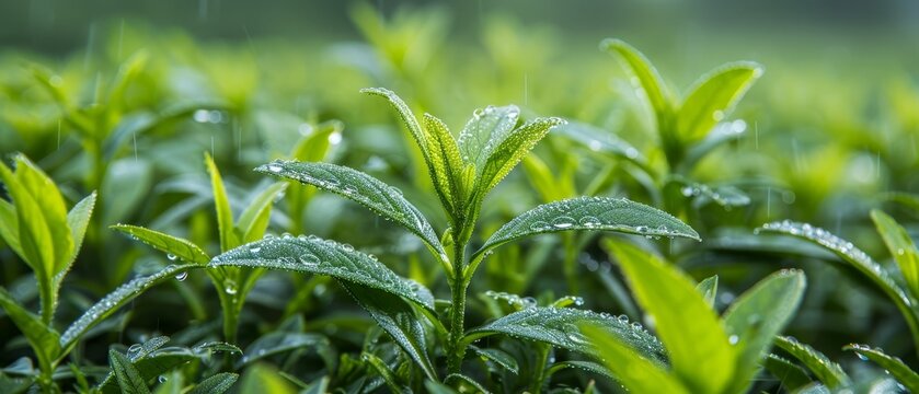   A sharp image of a verdant plant adorned with droplets of water against a hazy backdrop