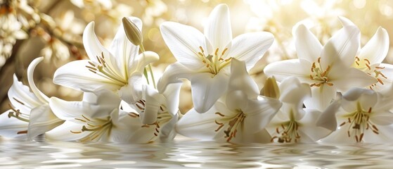   A group of white lilies float on a water body, lit by the sun behind a sunlit forest