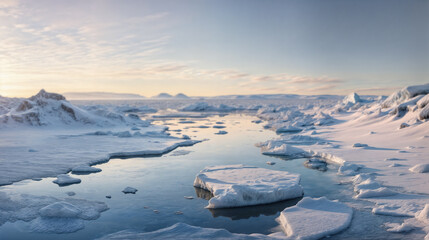Tranquil North Arctic waters host icebergs and floating ice. Generative AI