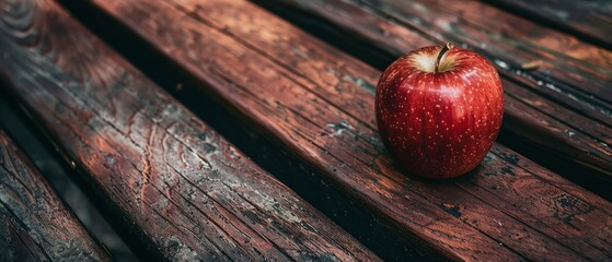   A red apple sits atop a wooden bench, positioned in front of a window and resting atop a wooden slatted surface - obrazy, fototapety, plakaty