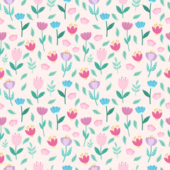 Seamless vector pattern with cute pink flowers on a light background