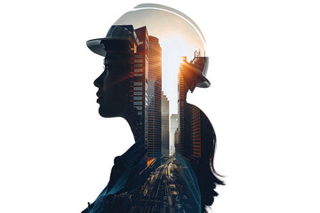 Photo of girl engineer on white background consisting of buildings. Double exposure photography