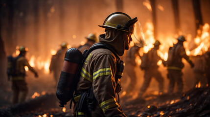 Amidst forest of raging blaze, firefighters with protective gear. Generative AI - obrazy, fototapety, plakaty