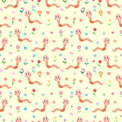 Seamless vector pattern with cute cartoon worms on a light background