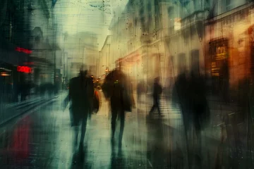 Fotobehang Abstract blurred silhouettes of people in rain on night street in impessionist style. Concept of modern city for a poster, for music album or book covers © Graphicsnice