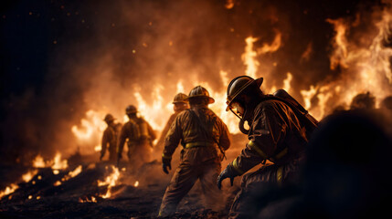 Firefighter with a helmet and oxygen mask, in front a raging fire, Generative AI