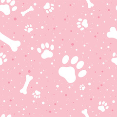 White pattern of paws and bones on a pink background with dots