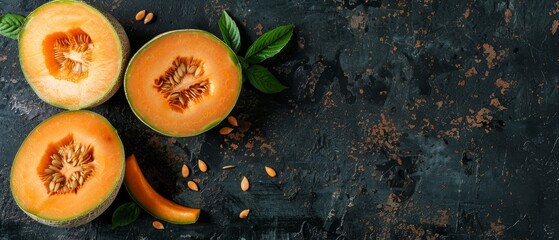   A pair of melons resting atop a table alongside green foliage and a sliver of melon