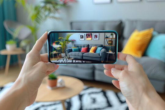 User holding a mobile phone, augmented reality app showcasing 3D furniture in a cozy living room setting , 3D illustration