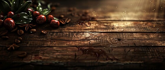   Wooden table close-up, nuts, plant, and water droplets emerging from the nuts' tips - obrazy, fototapety, plakaty