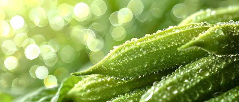   A photo of a green plant with droplets of water on it and a hazy background of light
