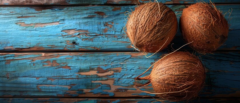   A close-up of two coconuts on a blue wooden surface, with peeling paint