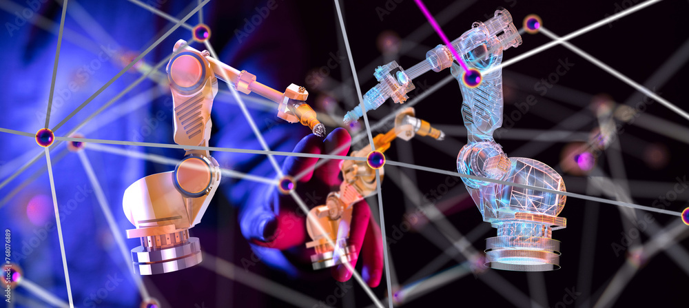 Poster Neural network 3D illustration. Big data and cybersecurity - 3d