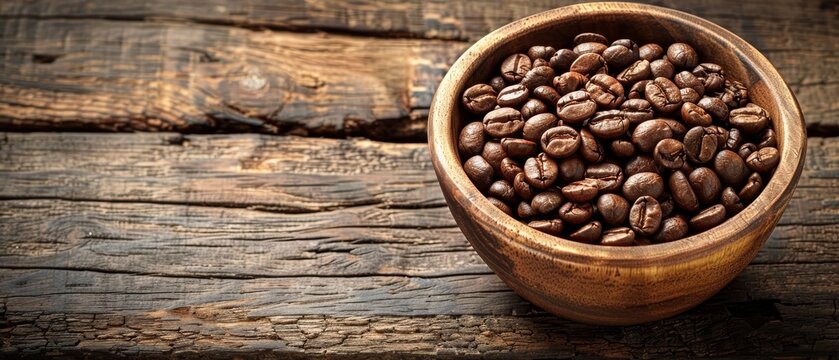   A bowl of coffee beans sits on a wooden table alongside driftwood