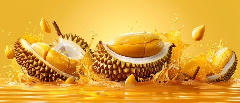   A close-up image of a fruit splashing from the water against an orange and yellow background