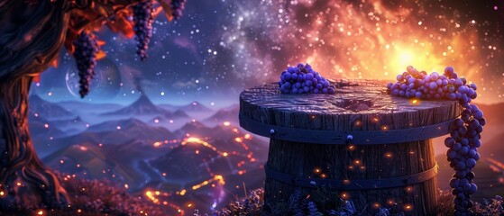   Grapes atop wooden barrel, beneath star-filled sky