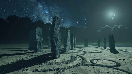 A moonlit night with a group of stone pillars in the foreground. The moon is in the sky and the stars are visible - obrazy, fototapety, plakaty