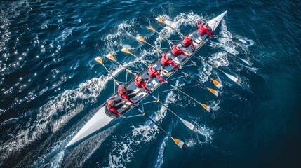 Drone captures panoramic view of synchronized canoe rowing team competing in vast blue sea - obrazy, fototapety, plakaty